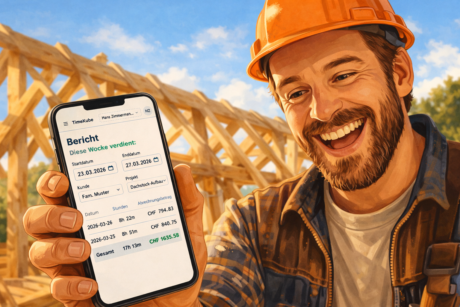 Handwerker sieht Verdienst auf timekube-App auf einen Blick.